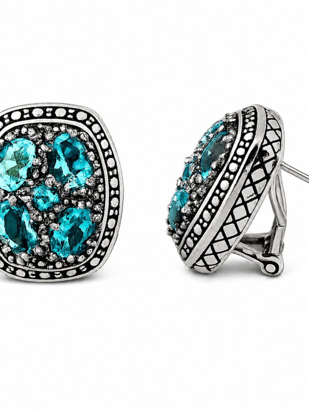 Bali Blue Topaz Sterling Silver Statement Earrings | Cluster Omega Back